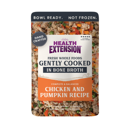 Health Extension dog food package with chicken and pumpkin recipe on a white background