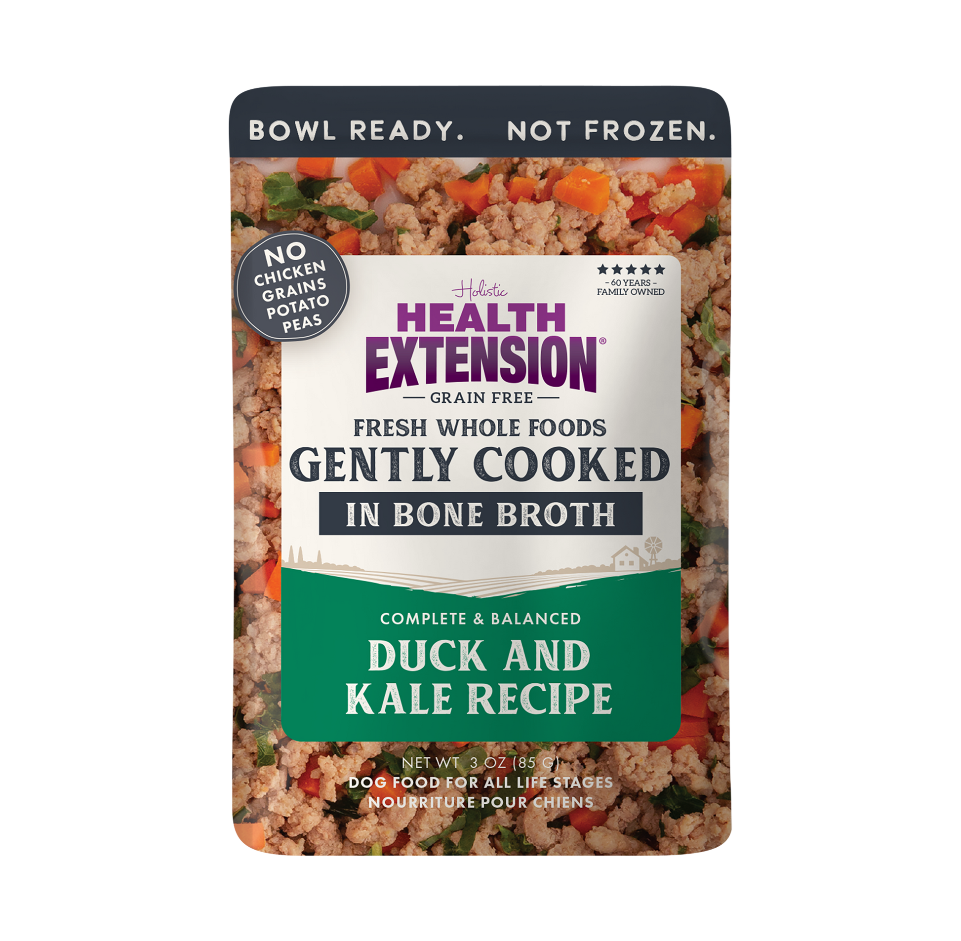 Health Extension dog food pouch with duck and kale recipe on a white background