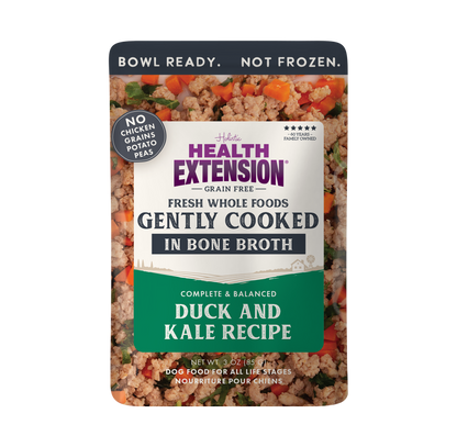 Health Extension dog food pouch with duck and kale recipe on a white background
