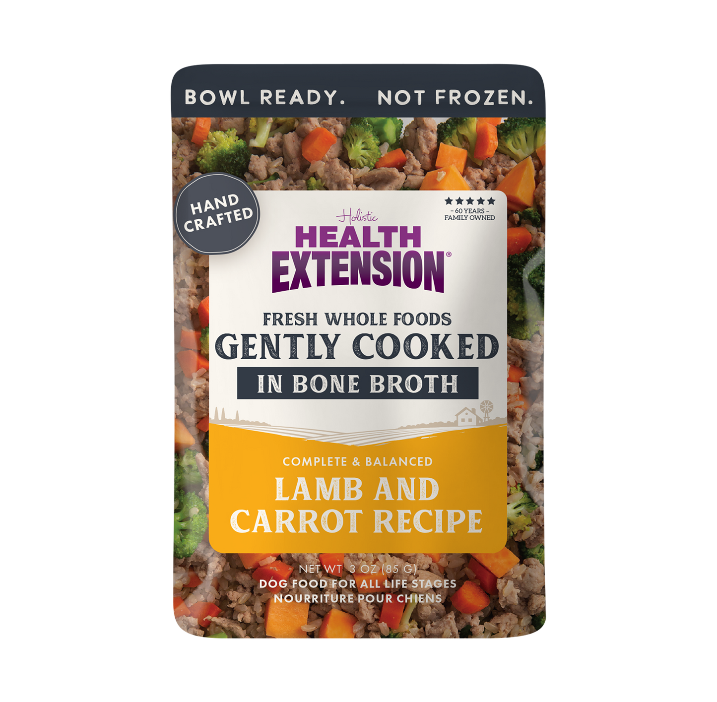 Health Extension dog food pouch with lamb and carrot recipe on a white background