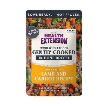 Health Extension dog food pouch with lamb and carrot recipe on a white background
