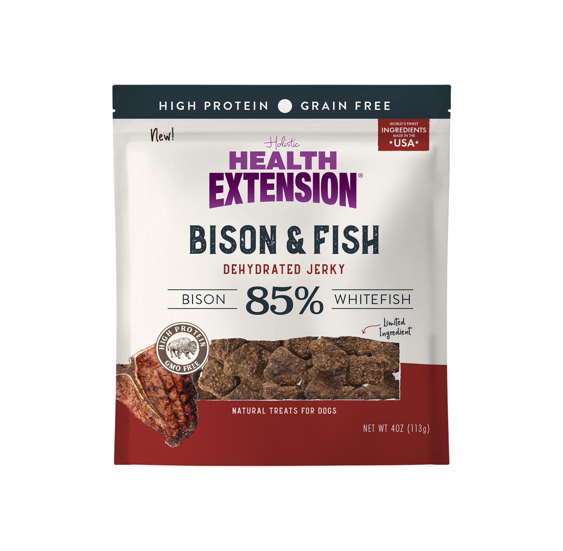 Health Extension Bison & Fish Dehydrated Jerky package on a white background