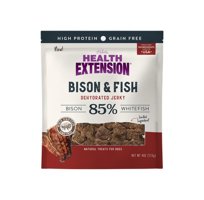 Health Extension Bison & Fish Dehydrated Jerky package on a white background
