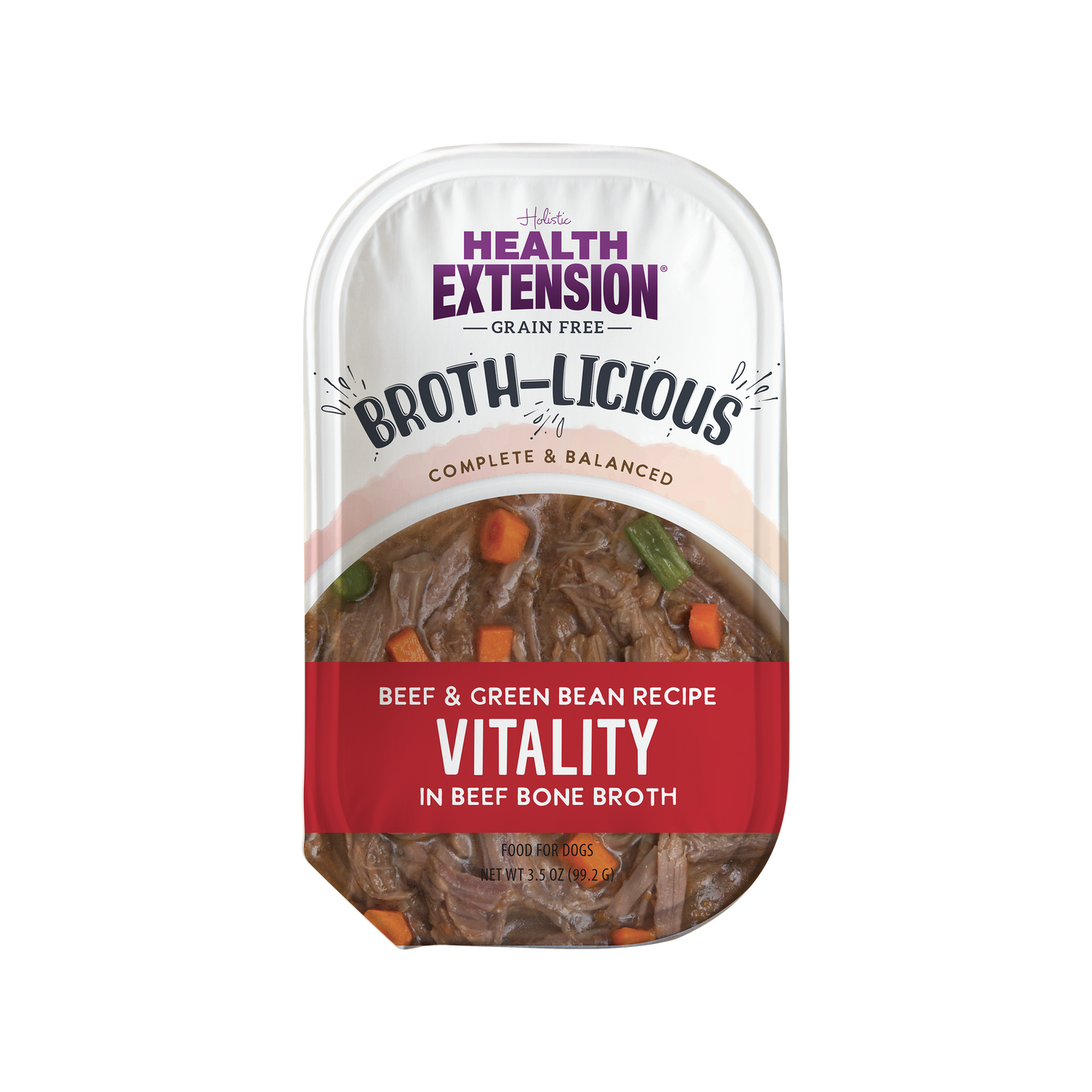 Health Extension Broth-Licious pet food package on a white background