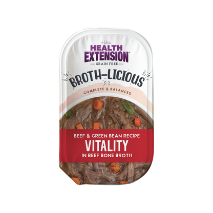 Health Extension Broth-Licious pet food package on a white background