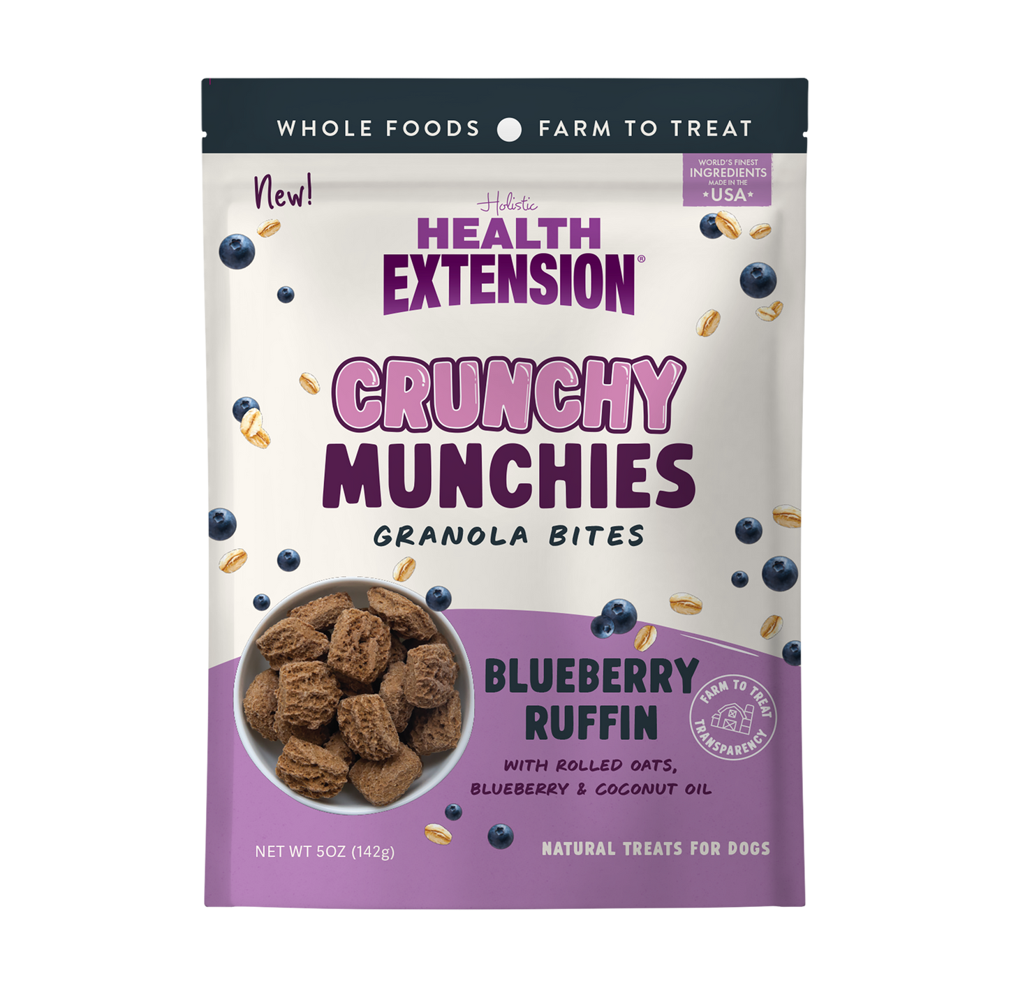 Front of the 5 oz Health Extension Crunchy Munchies Blueberry Ruffin bag – blueberry oat dog treats