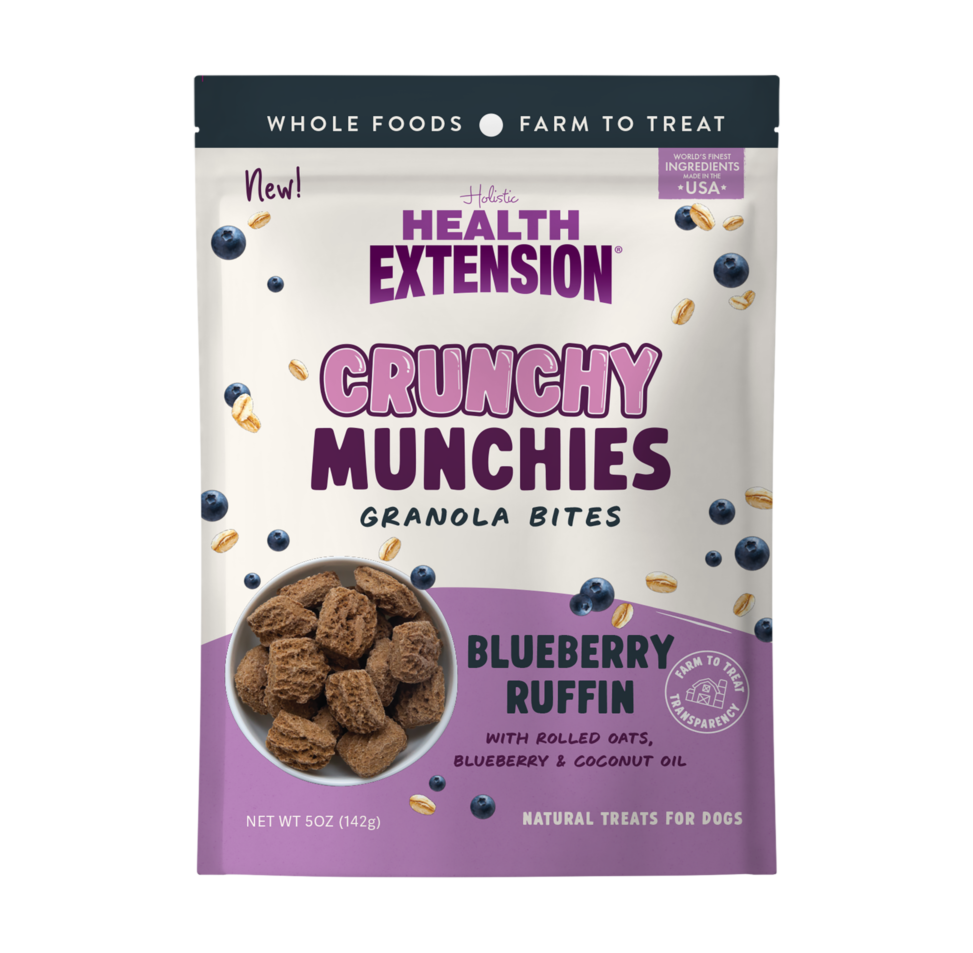 Front of the 5 oz Health Extension Crunchy Munchies Blueberry Ruffin bag – blueberry oat dog treats