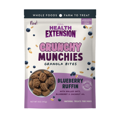 Front of the 5 oz Health Extension Crunchy Munchies Blueberry Ruffin bag – blueberry oat dog treats