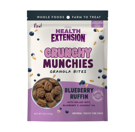 Front of the 5 oz Health Extension Crunchy Munchies Blueberry Ruffin bag – blueberry oat dog treats