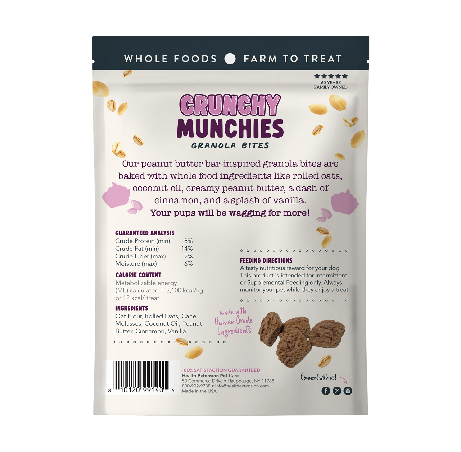 Back of the Peanutty Squares bag showing the ingredient list and guaranteed analysis