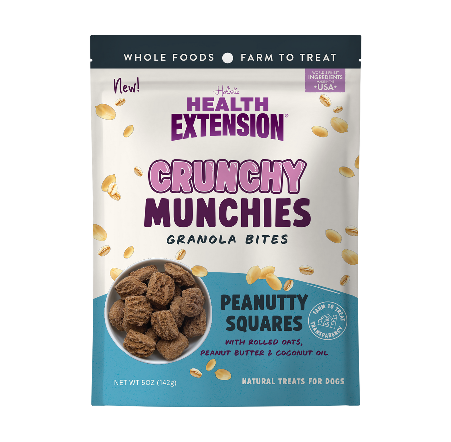 Front of the 5 oz Health Extension Crunchy Munchies Peanutty Squares bag – peanut butter granola dog treats