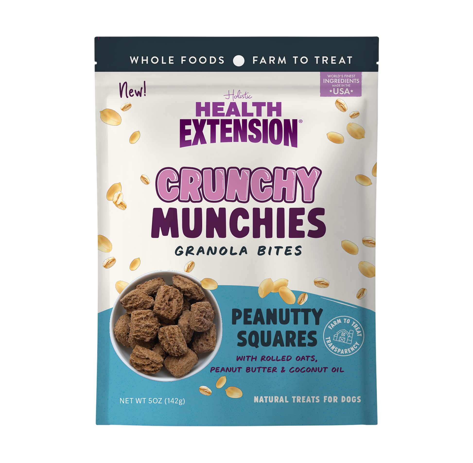 Front of the 5 oz Health Extension Crunchy Munchies Peanutty Squares bag – peanut butter granola dog treats