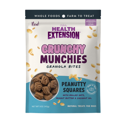 Front of the 5 oz Health Extension Crunchy Munchies Peanutty Squares bag – peanut butter granola dog treats