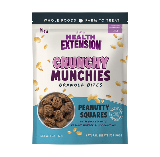 Front of the 5 oz Health Extension Crunchy Munchies Peanutty Squares bag – peanut butter granola dog treats