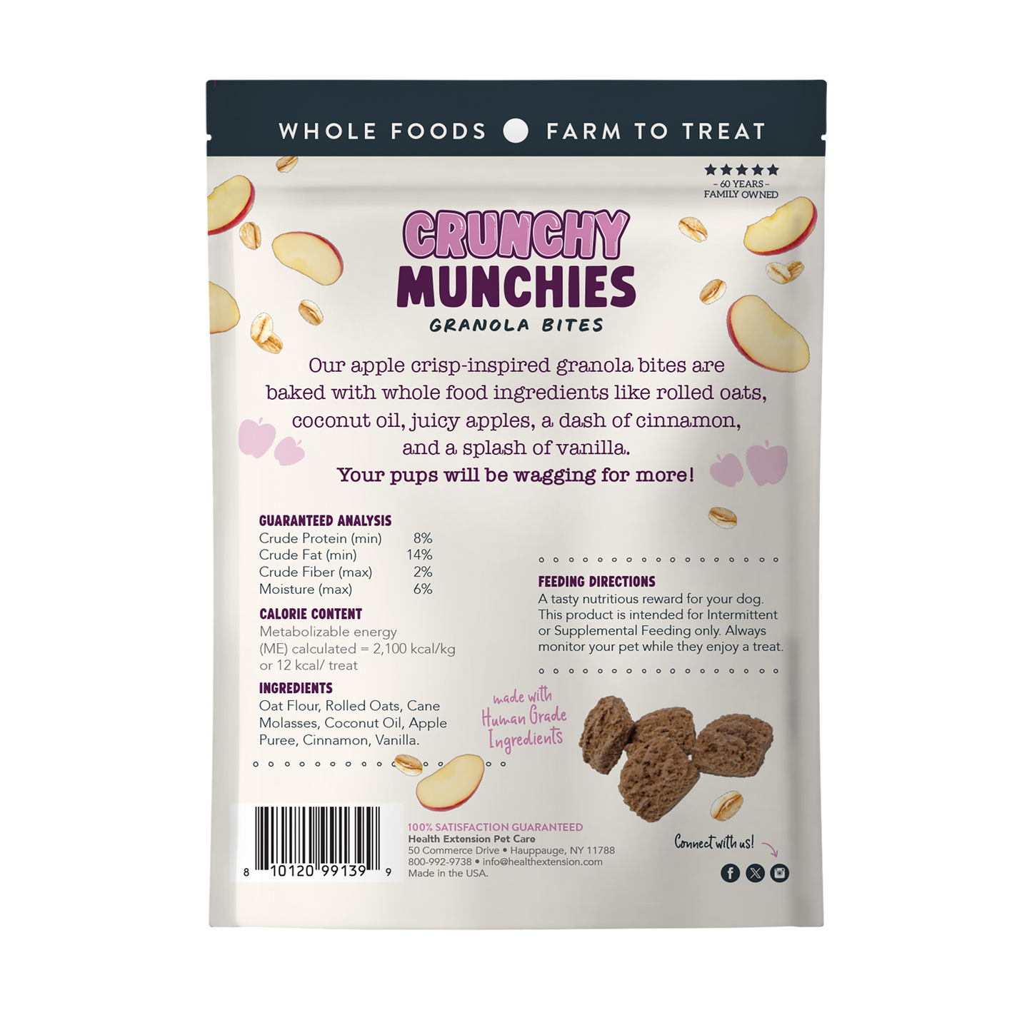 Back of the Appley Crisp bag showing the ingredient list and guaranteed analysis