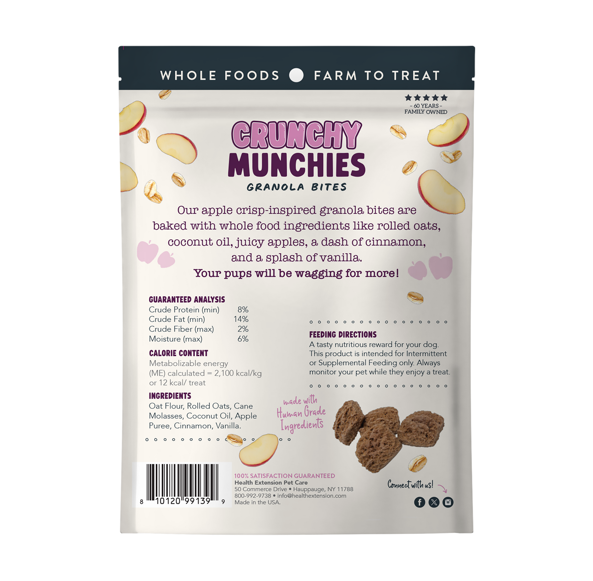 Back of the Appley Crisp bag showing the ingredient list and guaranteed analysis