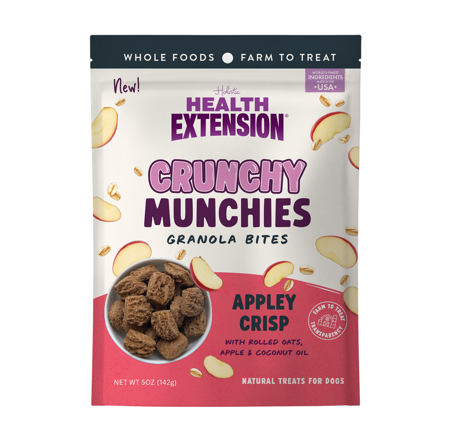 Front of the 5 oz Health Extension Crunchy Munchies Appley Crisp bag – apple cinnamon dog treats