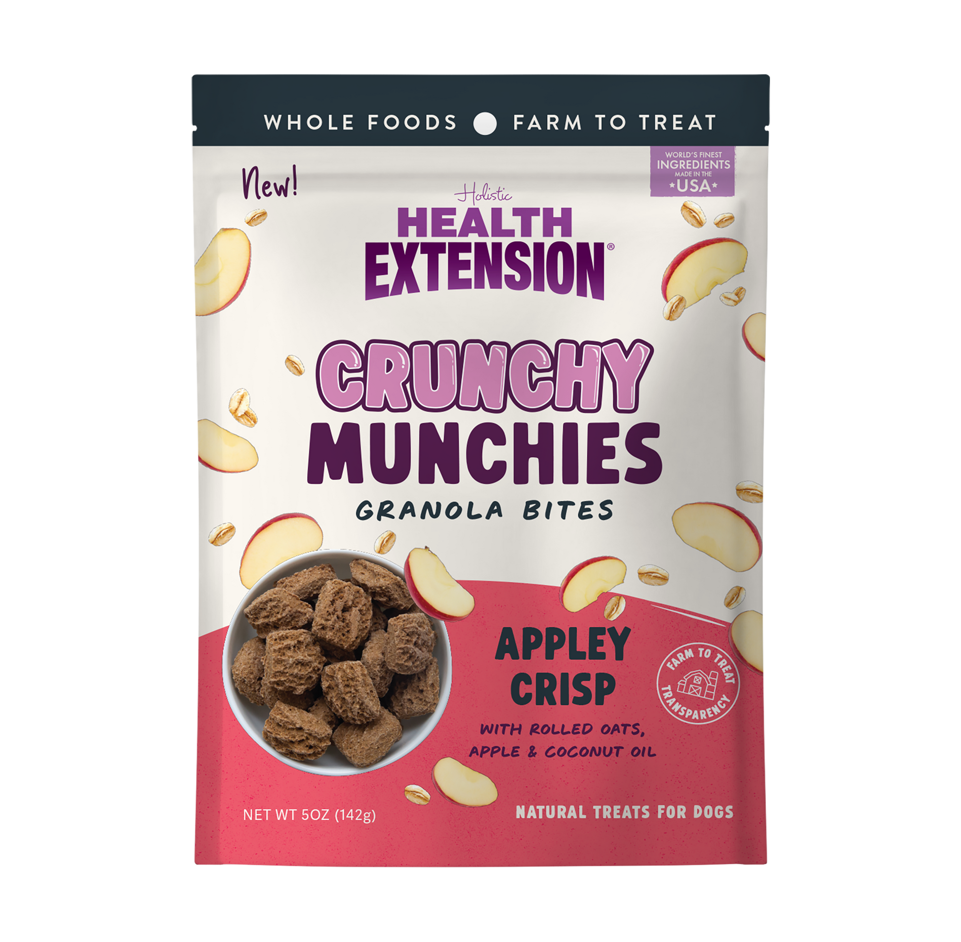 Front of the 5 oz Health Extension Crunchy Munchies Appley Crisp bag – apple cinnamon dog treats