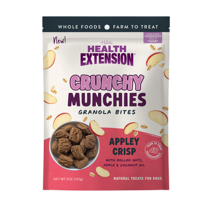 Front of the 5 oz Health Extension Crunchy Munchies Appley Crisp bag – apple cinnamon dog treats