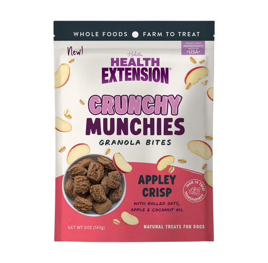 Front of the 5 oz Health Extension Crunchy Munchies Appley Crisp bag – apple cinnamon dog treats