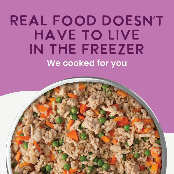 Canned food with rice, carrots, and peas on a purple background with text about real food not needing to be frozen.