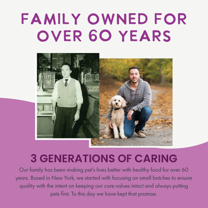 Two-generation family photo with a man and a dog, accompanied by text about family-owned business for over 60 years.