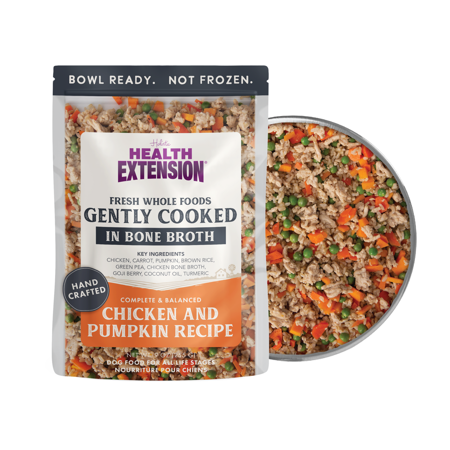 Health Extension pet food package with a bowl of food on a white background