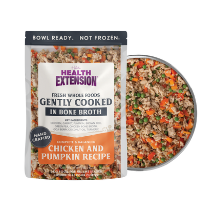 Health Extension pet food package with a bowl of food on a white background