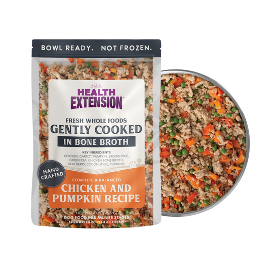 Health Extension pet food package with a bowl of food on a white background
