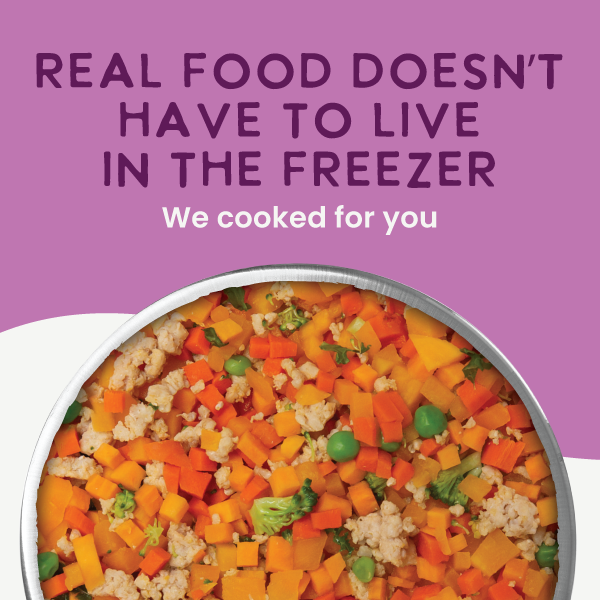 Container of mixed vegetables with text on a purple background