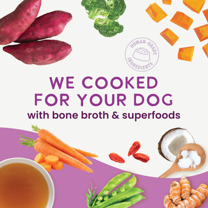 Product packaging for 'We Cooked For Your Dog' with ingredients like carrots, sweet potatoes, and bone broth.