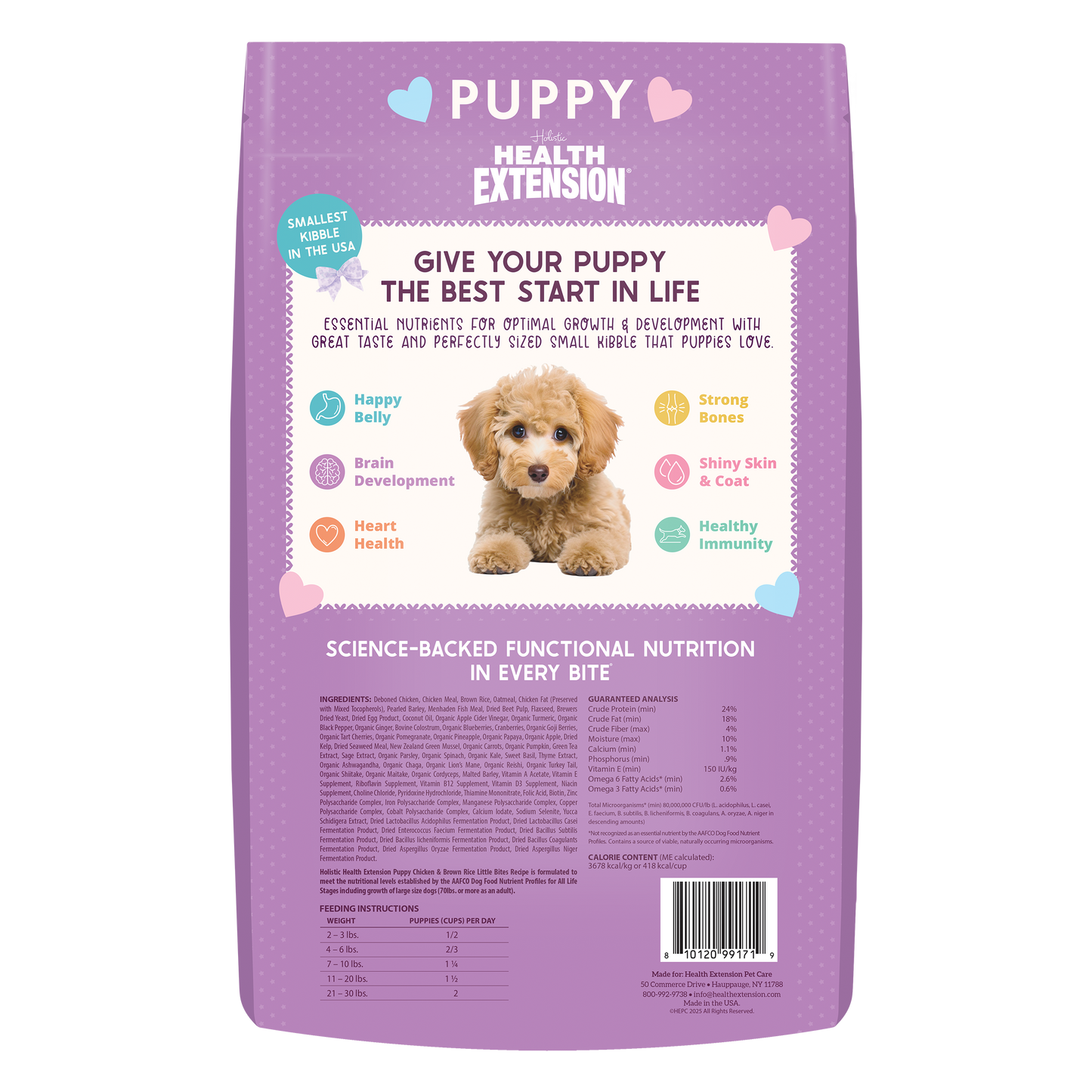 Purple bag of Puppy Health Extension dog food with text and a puppy illustration on a white background