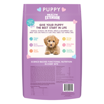 Purple bag of Puppy Health Extension dog food with text and a puppy illustration on a white background