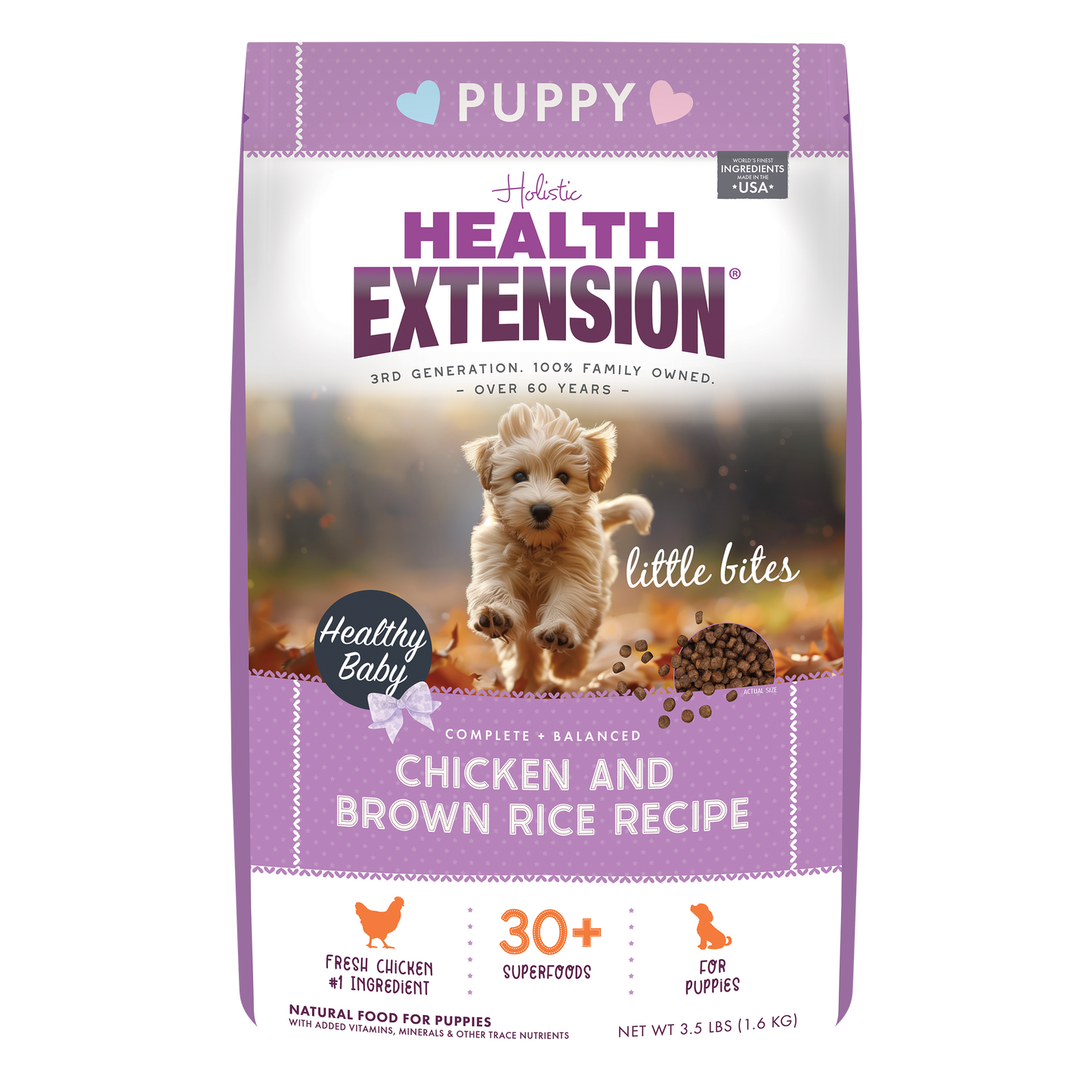 Health Extension Puppy food package with a purple label featuring a puppy and text.
