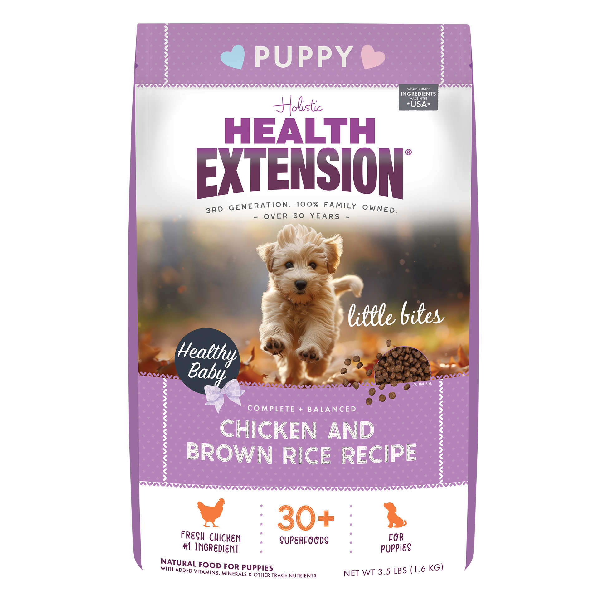 Health Extension Puppy food package with a purple label featuring a puppy and text.