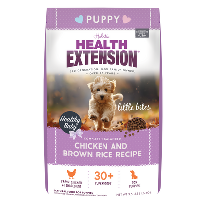 Health Extension Puppy food package with a purple label featuring a puppy and text.
