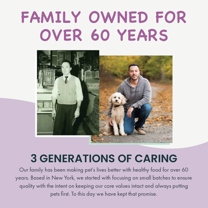 Two-generation family photo with a man and a dog, accompanied by text about family-owned business and pet care.