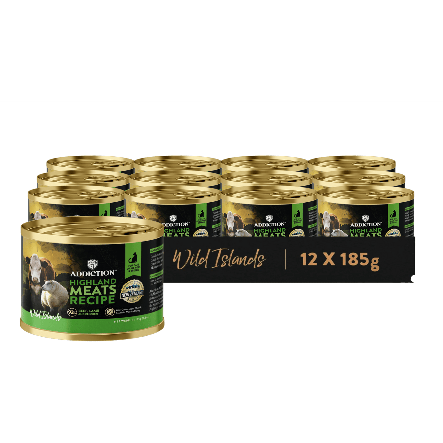 Pack of 12 canned dog food tins with gold and green labels on a dark gray background