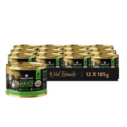 Pack of 12 canned dog food tins with gold and green labels on a dark gray background
