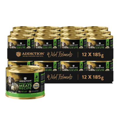 Multiple cans of Addiction Highland Meats recipe on a dark background