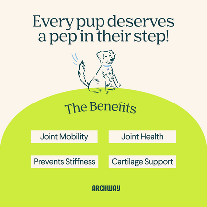 Advertisement for Archway pet products with a cartoon dog and list of benefits on a light beige background.