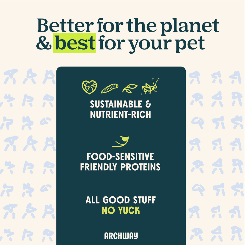 Archway pet food packaging with sustainability and pet health claims on a patterned background