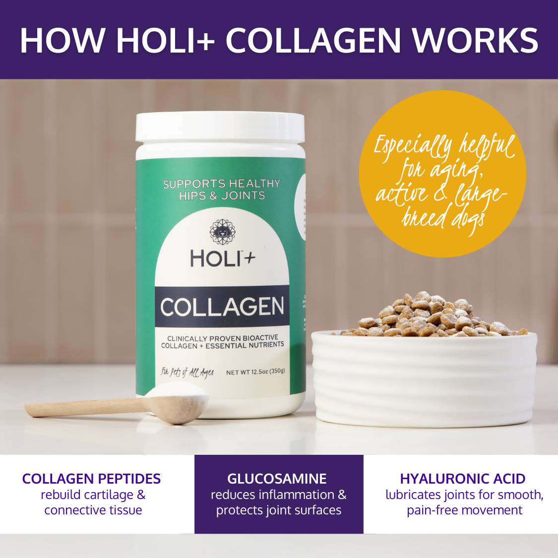 HOLI+ Collagen supplement container with text about its benefits for dogs on a wooden surface.