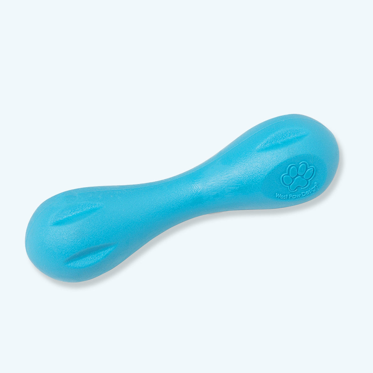 Blue dog toy with a paw print logo on a light gray background