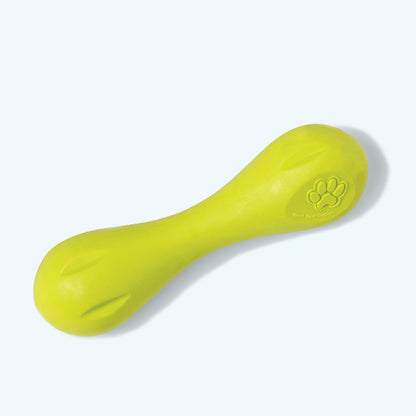 Yellow dog toy with a paw print logo on a white background