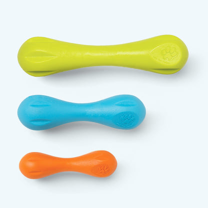 Three dog toys in green, blue, and orange on a white background