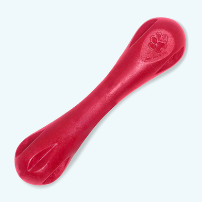 Red dog toy with a paw print design on a white background