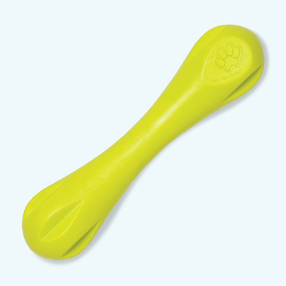 Yellow dog toy with a paw print design on a light gray background