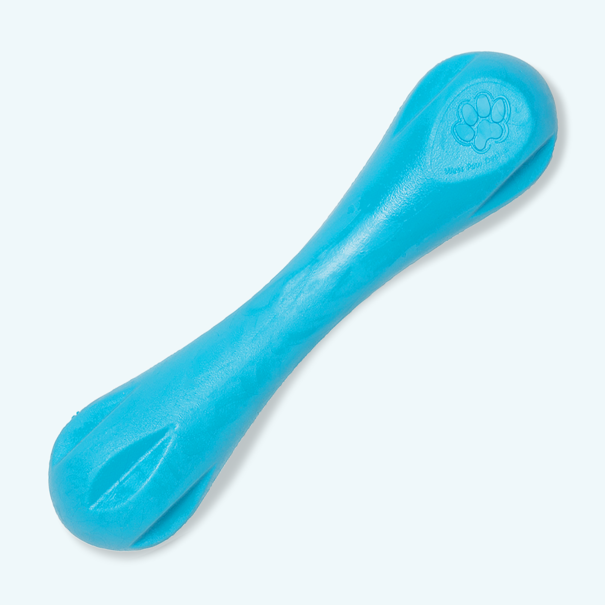 Blue dog toy with a paw print design on a light gray background