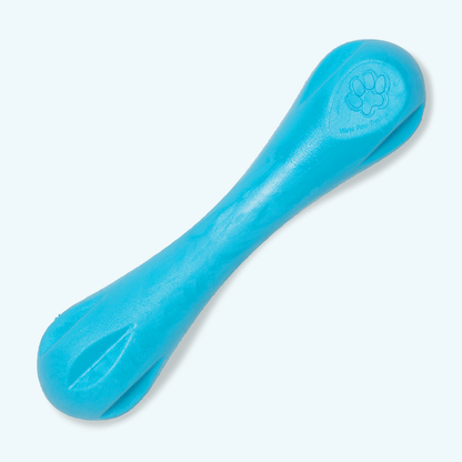 Blue dog toy with a paw print design on a light gray background